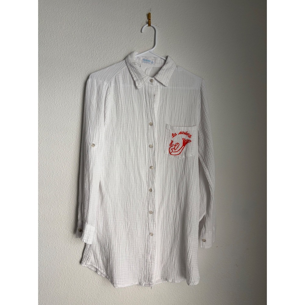 4our Dreamers White Gauze Mermaid La Sirene Embroidered Button‎ Down Shirt Small